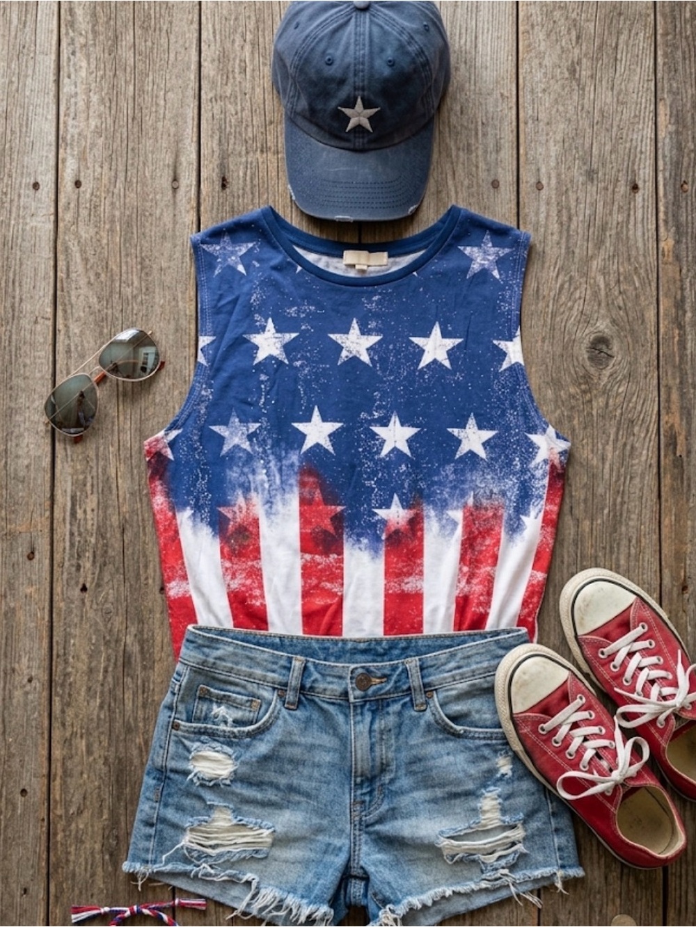 American Flag Stars & Stripes Distressed Muscle Tank Top Made in USA - Picture 7 of 7